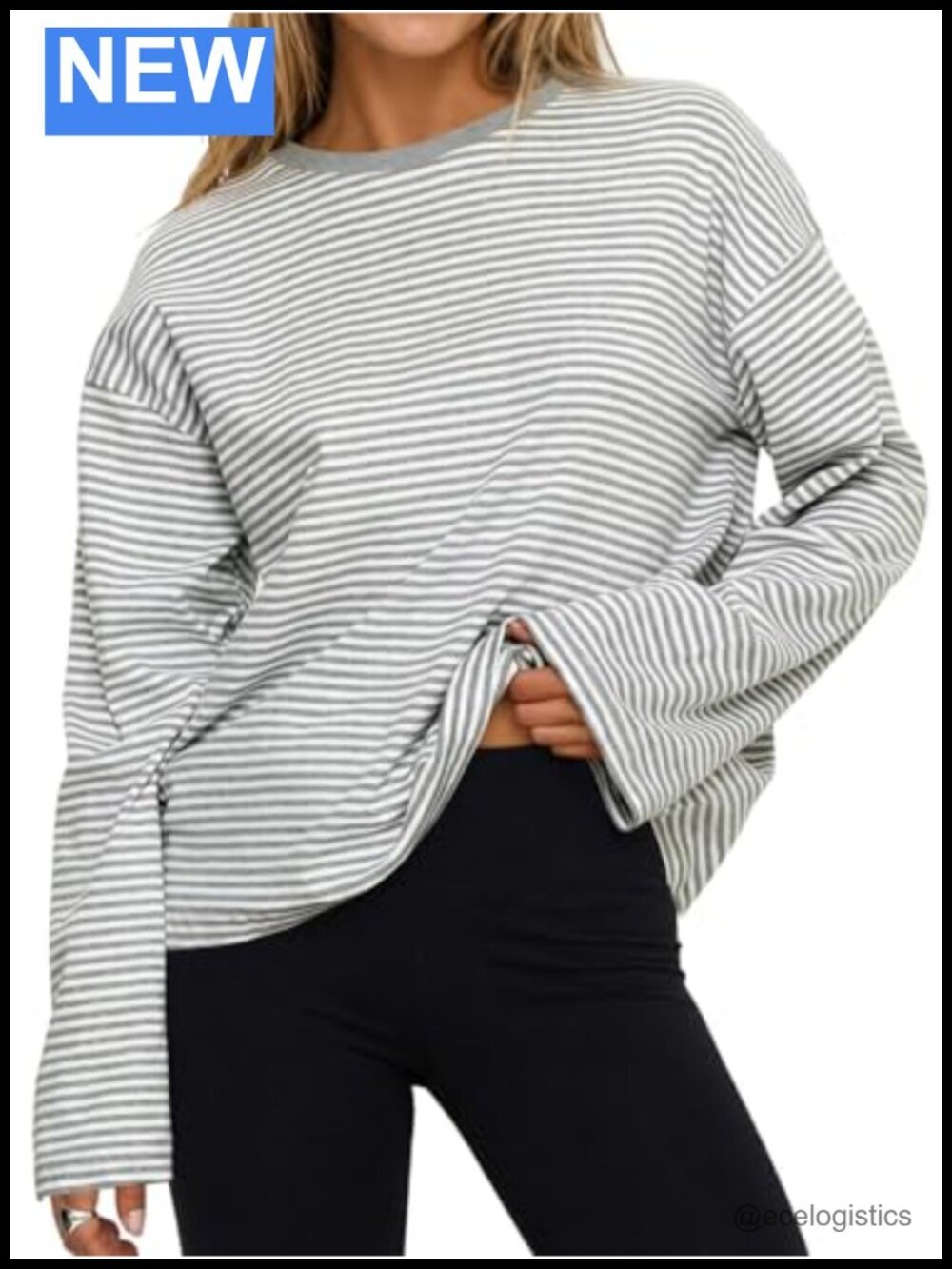 Womens Oversized Striped Long Sleeve Shirt Casual Crew Neck Cotton Drop